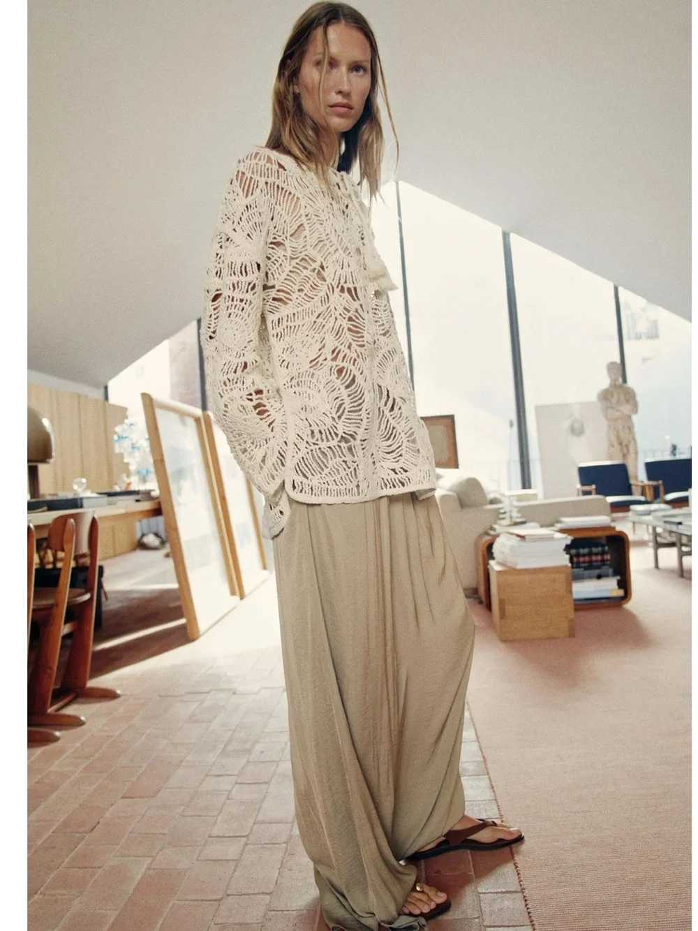 Zara Open-Knit Tassel Dress in Ecru features a distinct crochet pattern